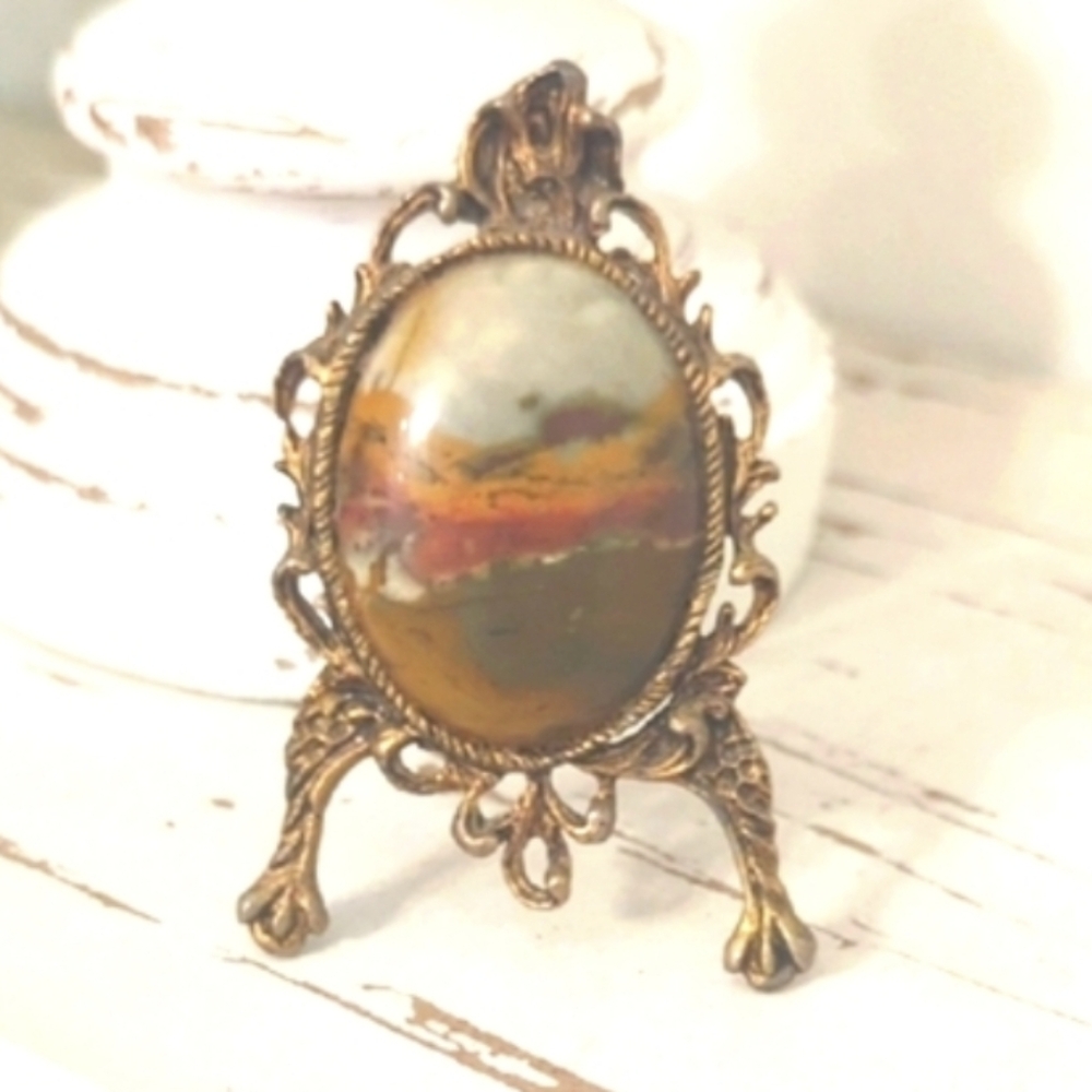 Antique Edwardian Landscape Agate Miniature Frame | Solid Brass Ormolu Easel - Picture 4 of 8